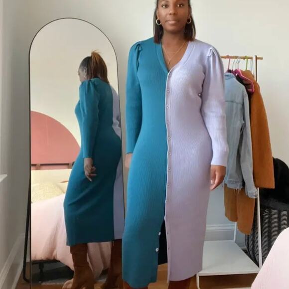 Busayo Cardigan Knit Midi Dress LARGE Ribbed Sweater Lavender Duster Wool $360 - Picture 9 of 10